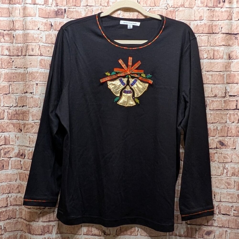 Mercer Street Studio Top Christmas Black Long Sleeve Festive Bell Design 1X